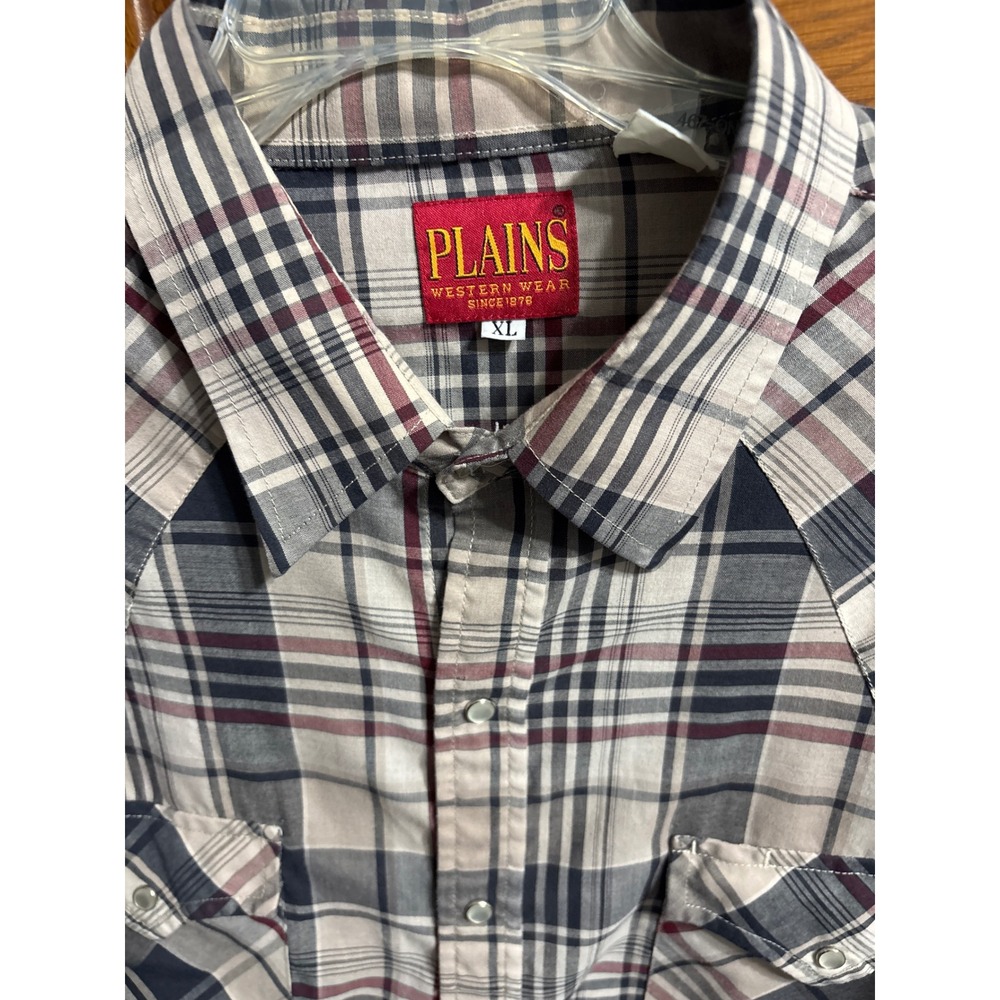 Plains Western Wear Mens XL Pearl Snap Shirt Plaid LS Blue Burgundy Gray